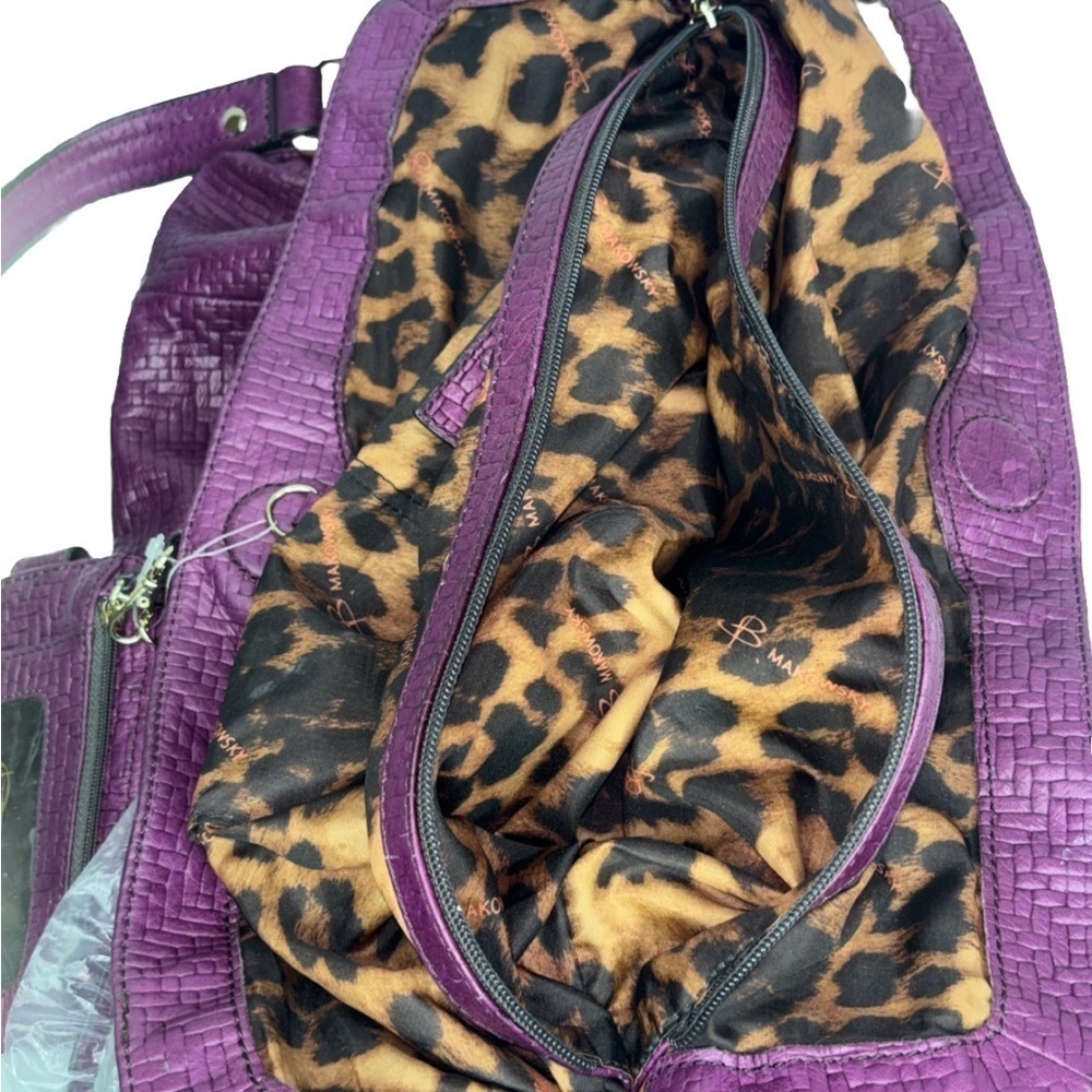 B. Makowsky Plum Embossed Leather Shoulder Bag Large Tote Leopard Lining - Picture 6 of 14
